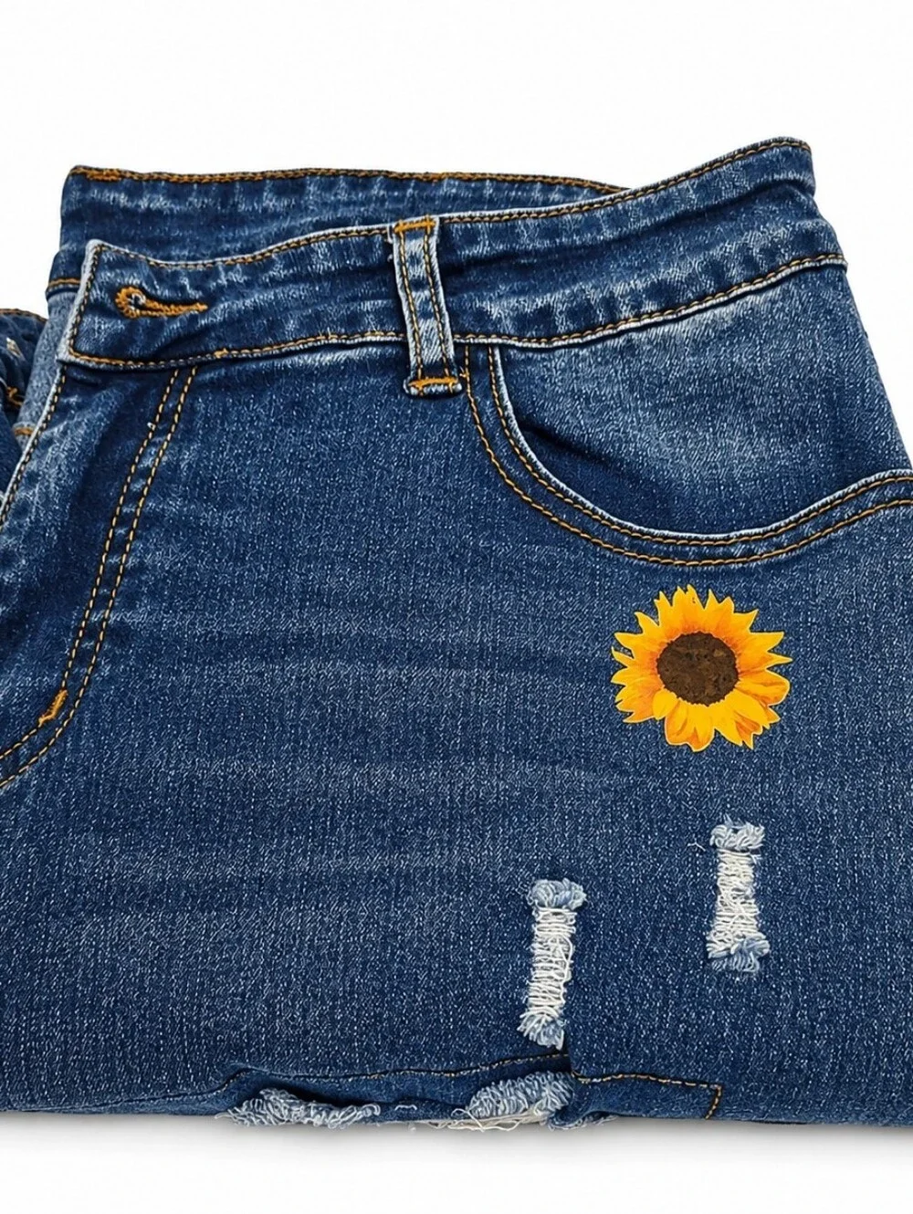 Size 12 Lrg Distressed Boyfriend Jeans Sunflower Leopard Patchwork Stretch Denim - Picture 5 of 7